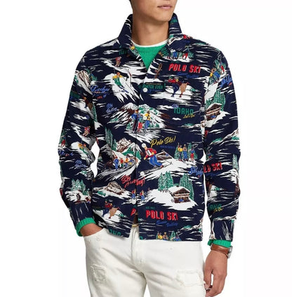 Polo Ralph Lauren long-sleeve button-down shirt with colorful ski scenes on a dark background