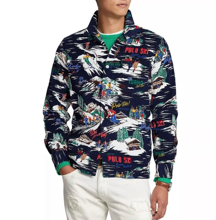 Polo Ralph Lauren long-sleeve button-down shirt with colorful ski scenes on a dark background