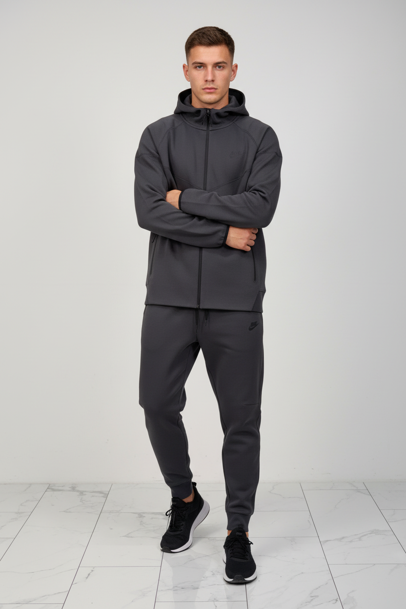 Nike Men's Tech Fleece Zip Hoodie & Pants Set (Charcoal) — charcoal hoodie and pants set on model