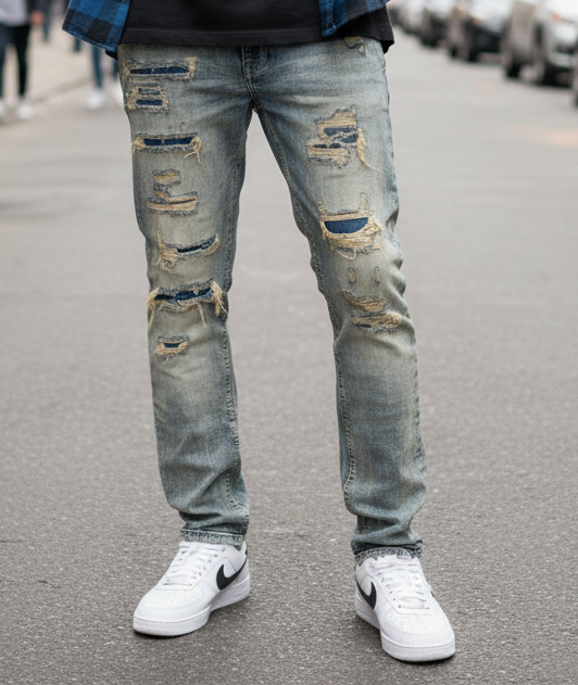 M. Society Light Vintage Blue Wash Ripped Skinny Fit Jeans