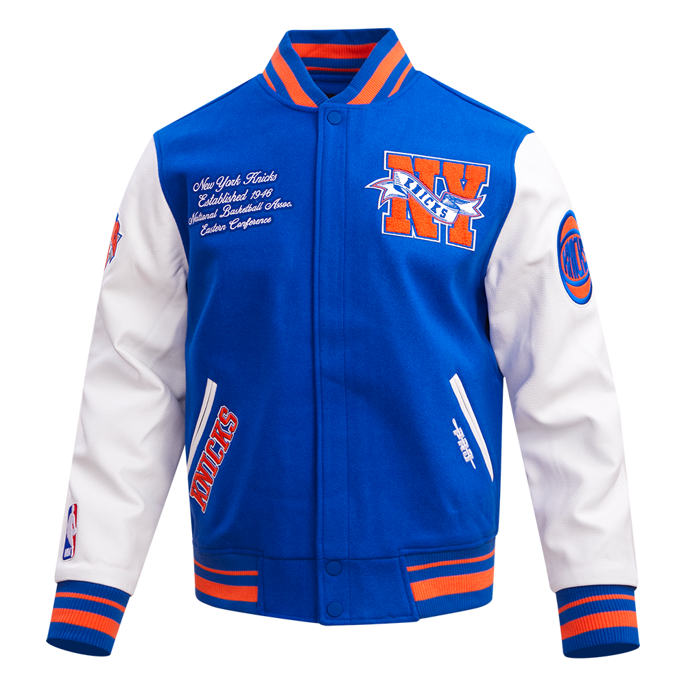 Pro Standard New York Knicks Team Pennants Varsity Jacket — blue and white jacket, front