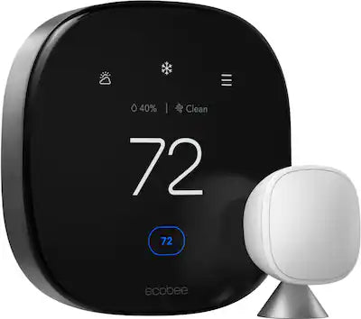 Ecobee Smart Thermostat Premium with a white SmartSensor shown against a white background
