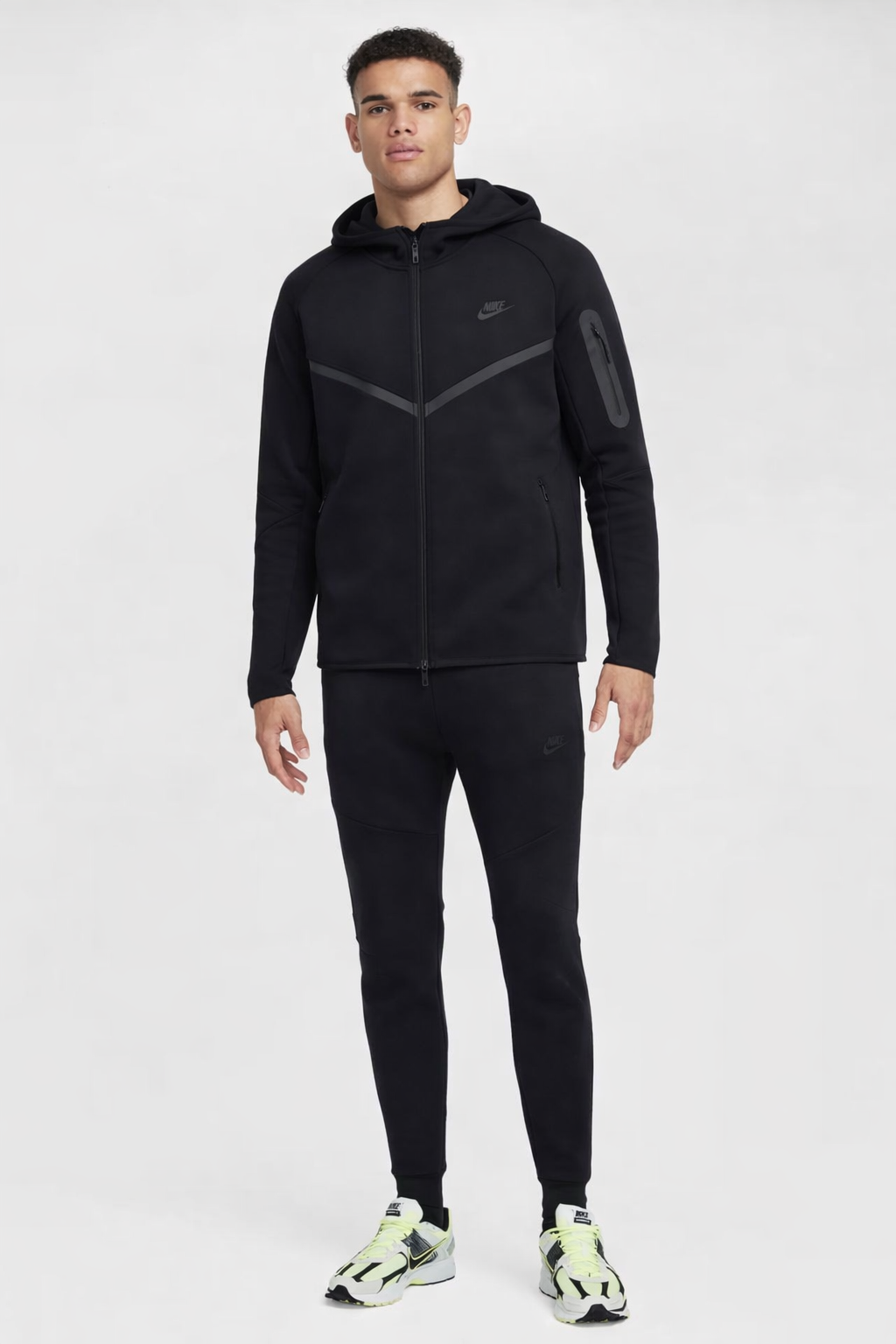Nike Men's Tech Fleece Zip Hoodie & Pants Set (Black) — black hoodie and pants set on model