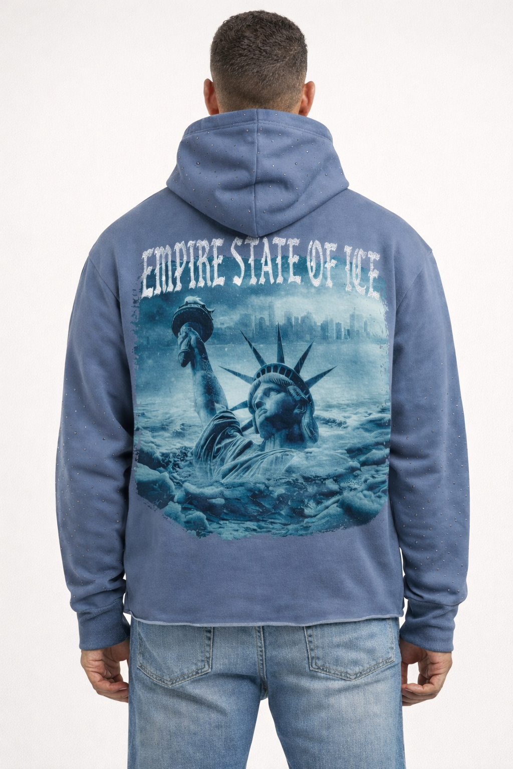 Verselli Baby Blue Empire State Of Ice Raw Hem Rhinestone Hoodie (Full Length)
