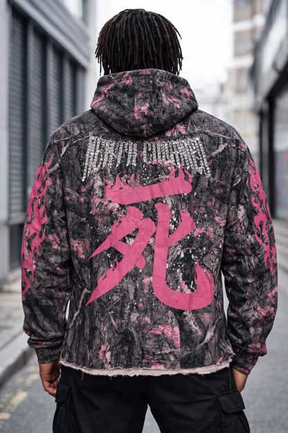 Verselli Camo w/Pink Floral Rhinestone Samurai Graphic Pullover Hoodie (Read Description)
