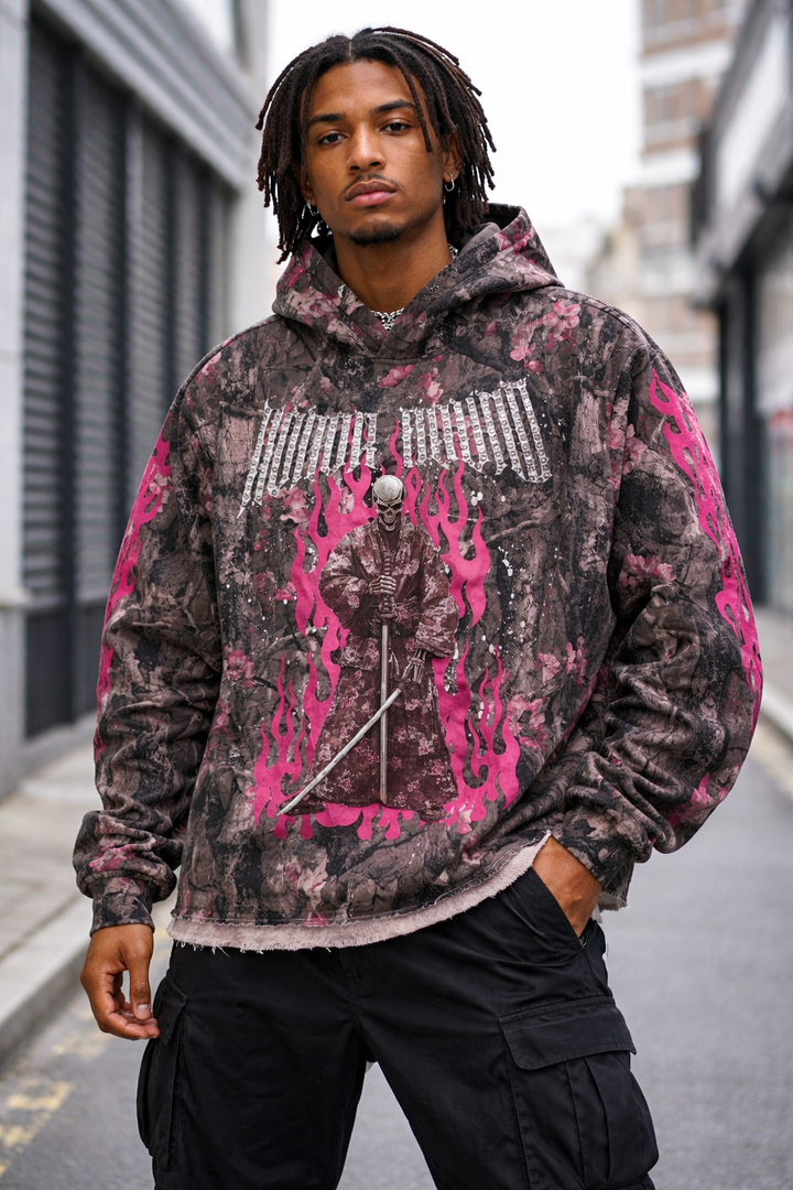 Verselli Camo w/Pink Floral Rhinestone Samurai Graphic Pullover Hoodie (Read Description)