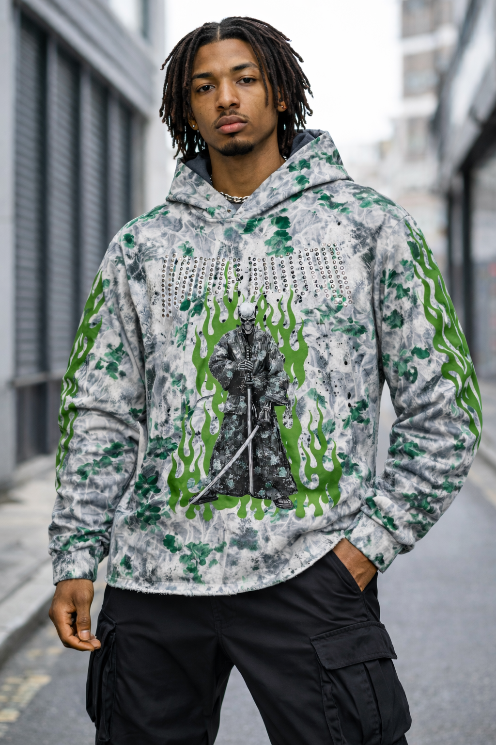 Verselli Camo w/Green Floral Rhinestone Samurai Graphic Pullover Hoodie (Read Description)
