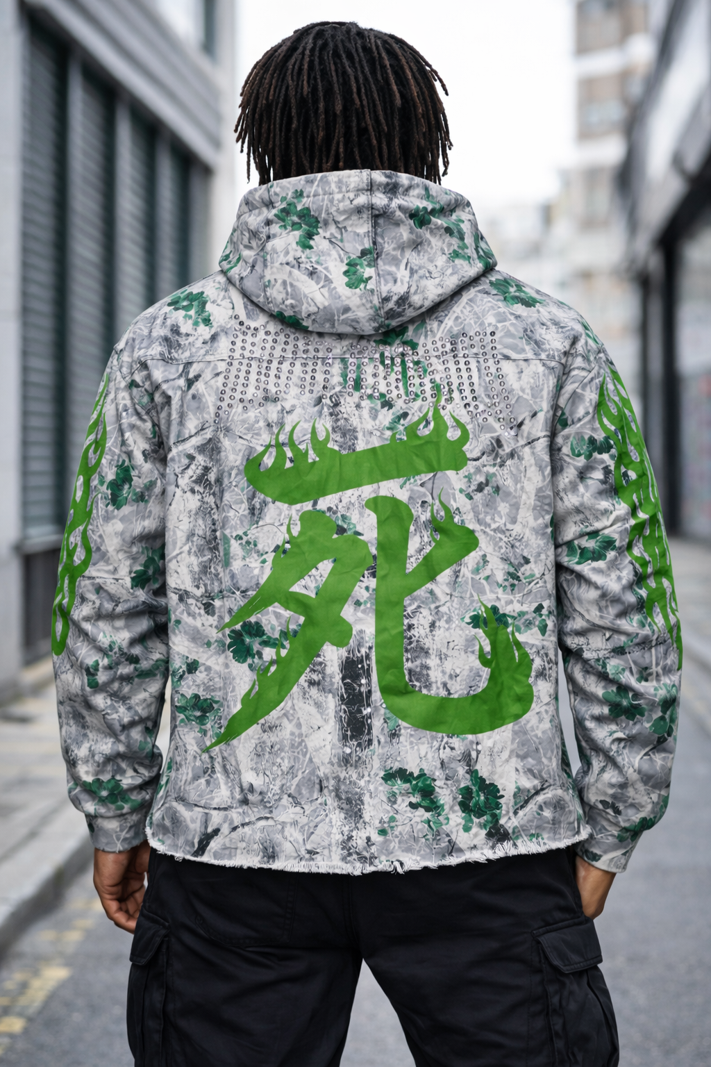Verselli Camo w/Green Floral Rhinestone Samurai Graphic Pullover Hoodie (Read Description)