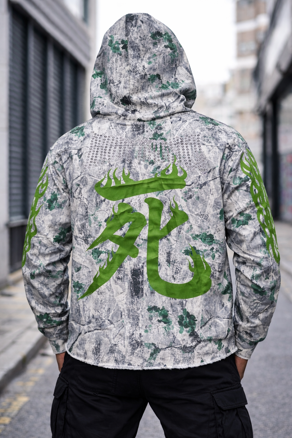 Verselli Camo w/Green Floral Rhinestone Samurai Graphic Pullover Hoodie (Read Description)
