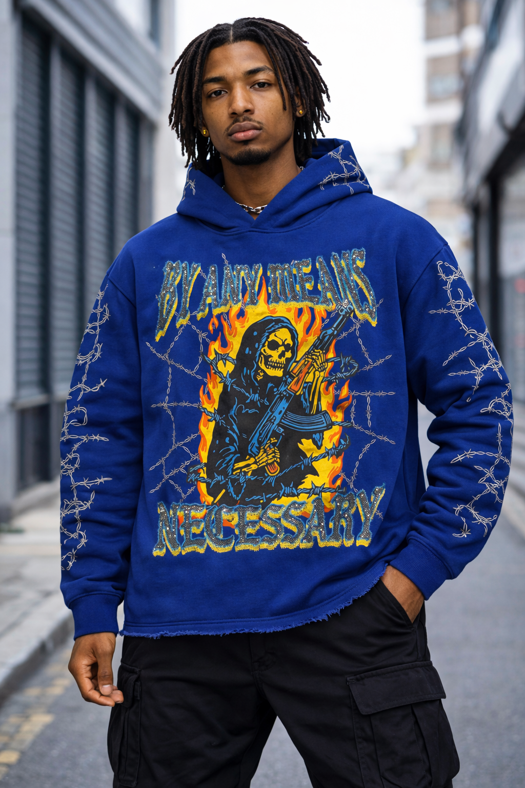 Verselli Rhinestone Graphic Raw-Hem Pullover Hoodie (Read Description)