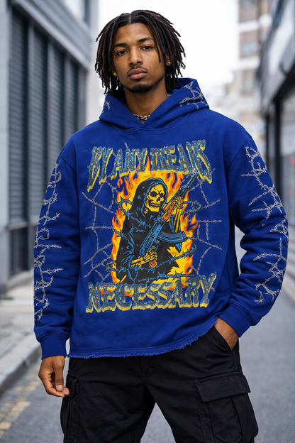 Verselli Rhinestone Graphic Raw-Hem Pullover Hoodie (Read Description)