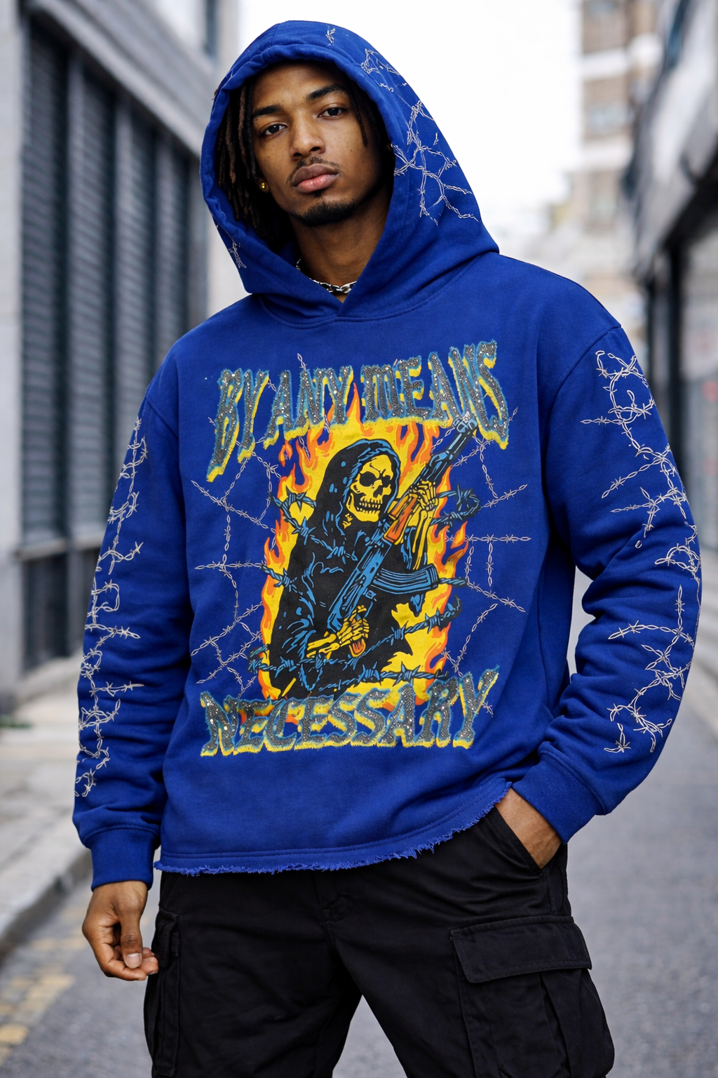 Verselli Rhinestone Graphic Raw-Hem Pullover Hoodie (Read Description)