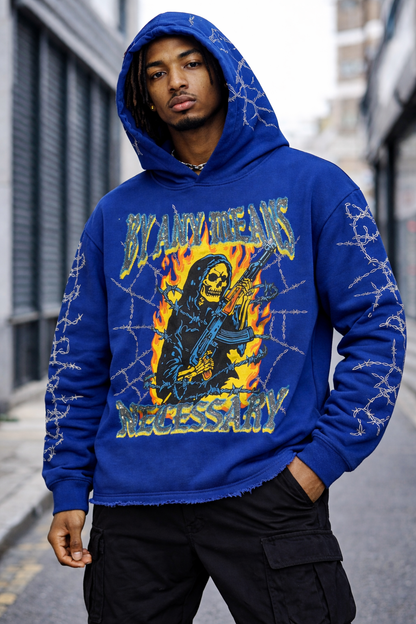 Verselli Rhinestone Graphic Raw-Hem Pullover Hoodie (Read Description)