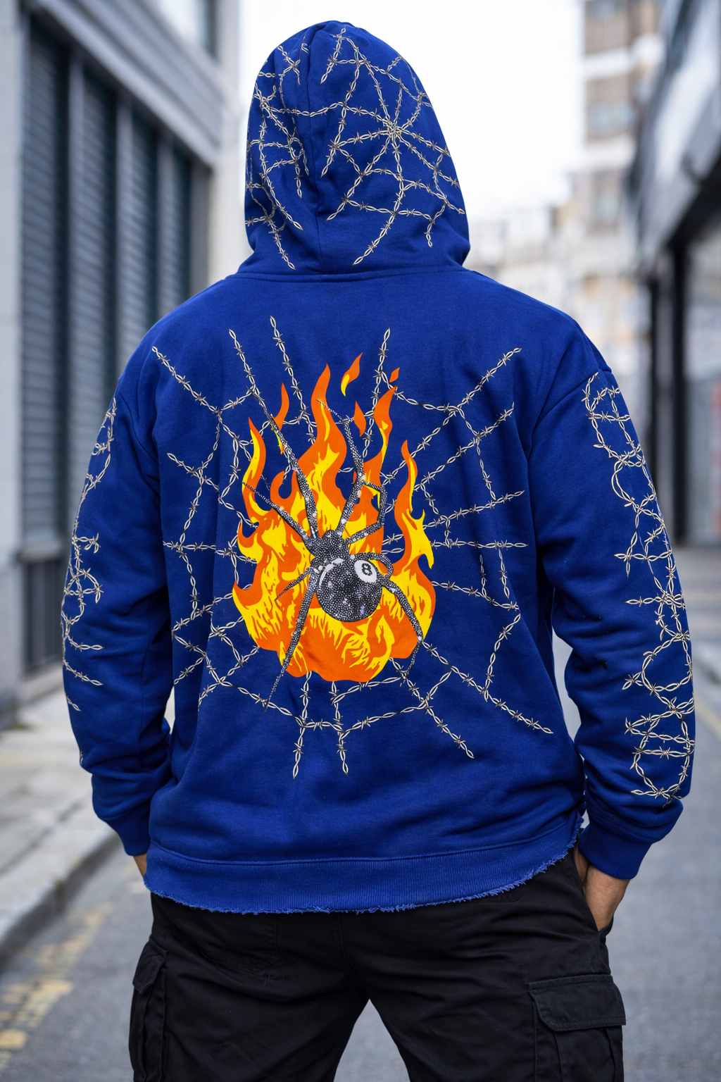 Verselli Rhinestone Graphic Raw-Hem Pullover Hoodie (Read Description)