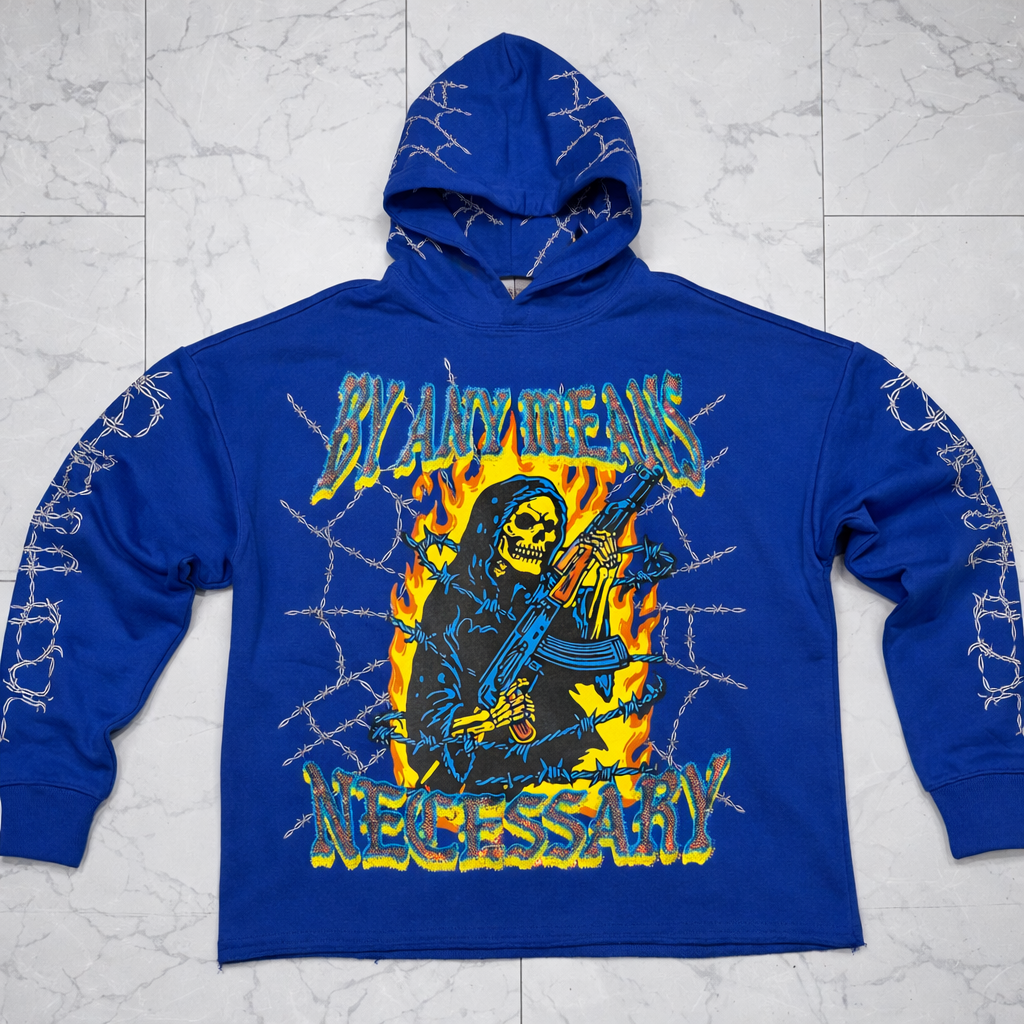 Verselli Rhinestone Graphic Raw-Hem Pullover Hoodie (Read Description)