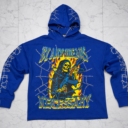 Verselli Rhinestone Graphic Raw-Hem Pullover Hoodie (Read Description)