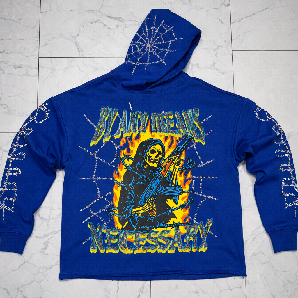 Verselli Rhinestone Graphic Raw-Hem Pullover Hoodie (Read Description)