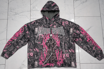 Verselli Camo w/Pink Floral Rhinestone Samurai Graphic Pullover Hoodie (Read Description)