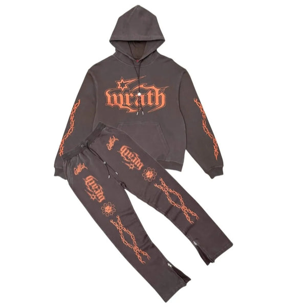 Wrathboy Gods Will Straight/Zipper Stacked Heavyweight Sweatpants Set (Brown)