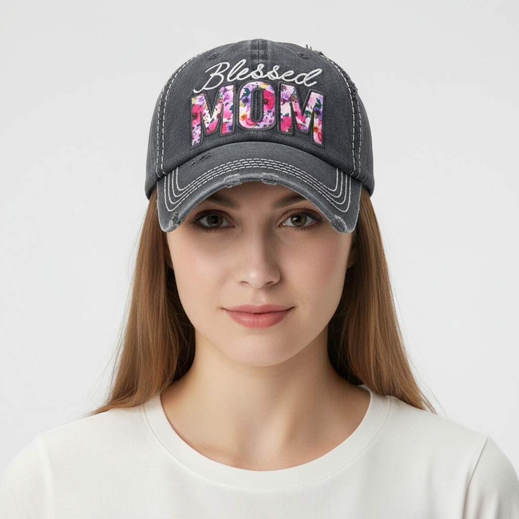 Blessed MOM Floral Detail Vintage Baseball Cap U