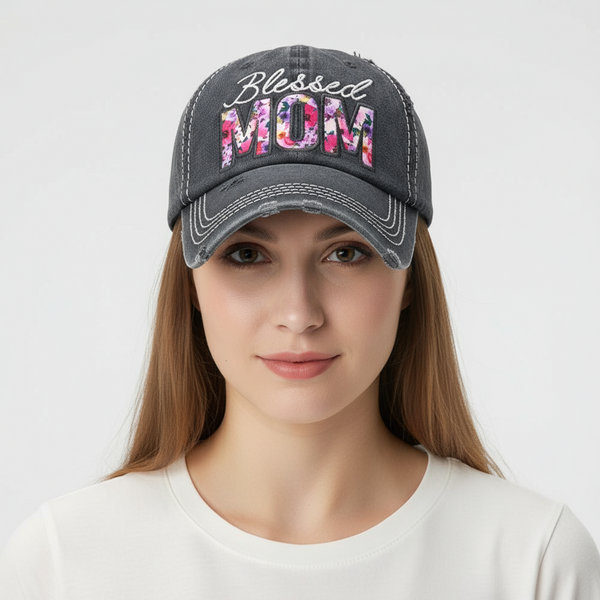 Blessed MOM Floral Detail Vintage Baseball Cap U