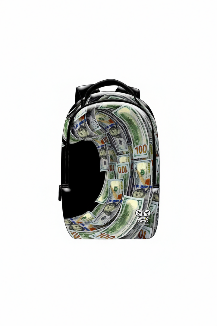 Streetz Iz Watchin black backpack with curved dollar-bill print and top carry handle