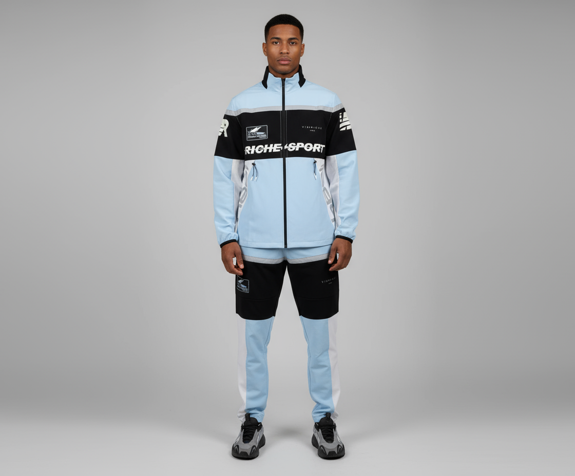 Vie Riche Lightweight Nylon Race Track Jacket + Race Track Pants — Light Blue/Black