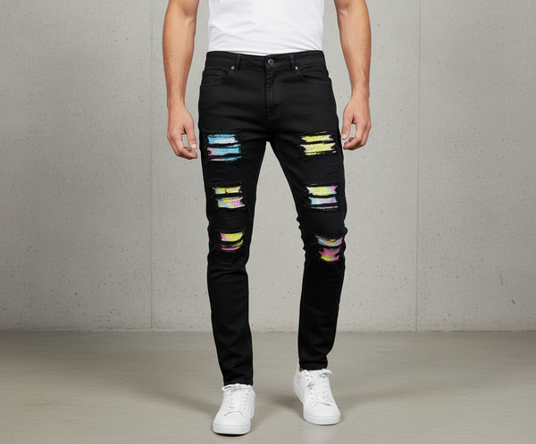 Waiema Skinny Fit Black Jeans w/Colored Studs