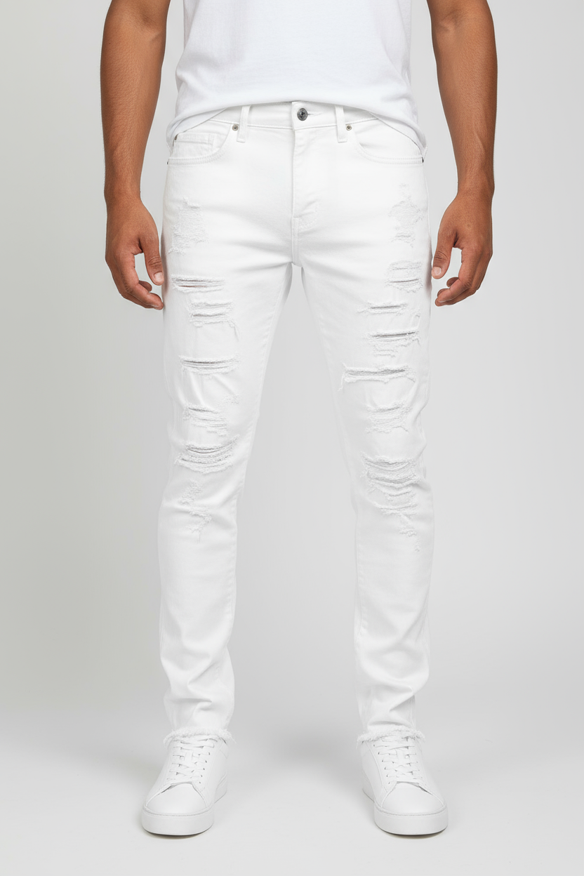 Jordan Craig Sean Fit Shredded and Crinkled Slim Tapered Fit White Jeans