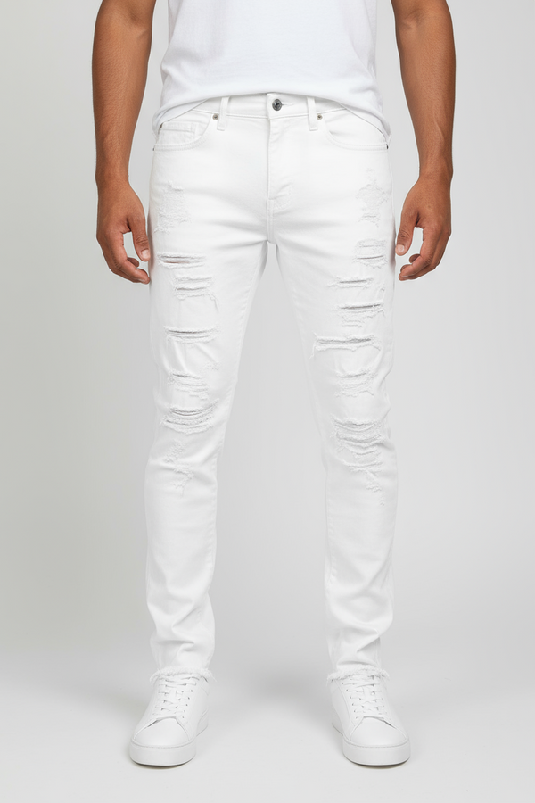 Jordan Craig Sean Fit Shredded and Crinkled Slim Tapered Fit White Jeans