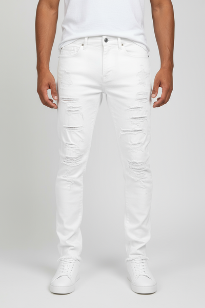 Jordan Craig Sean Fit Shredded and Crinkled Slim Tapered Fit White Jeans
