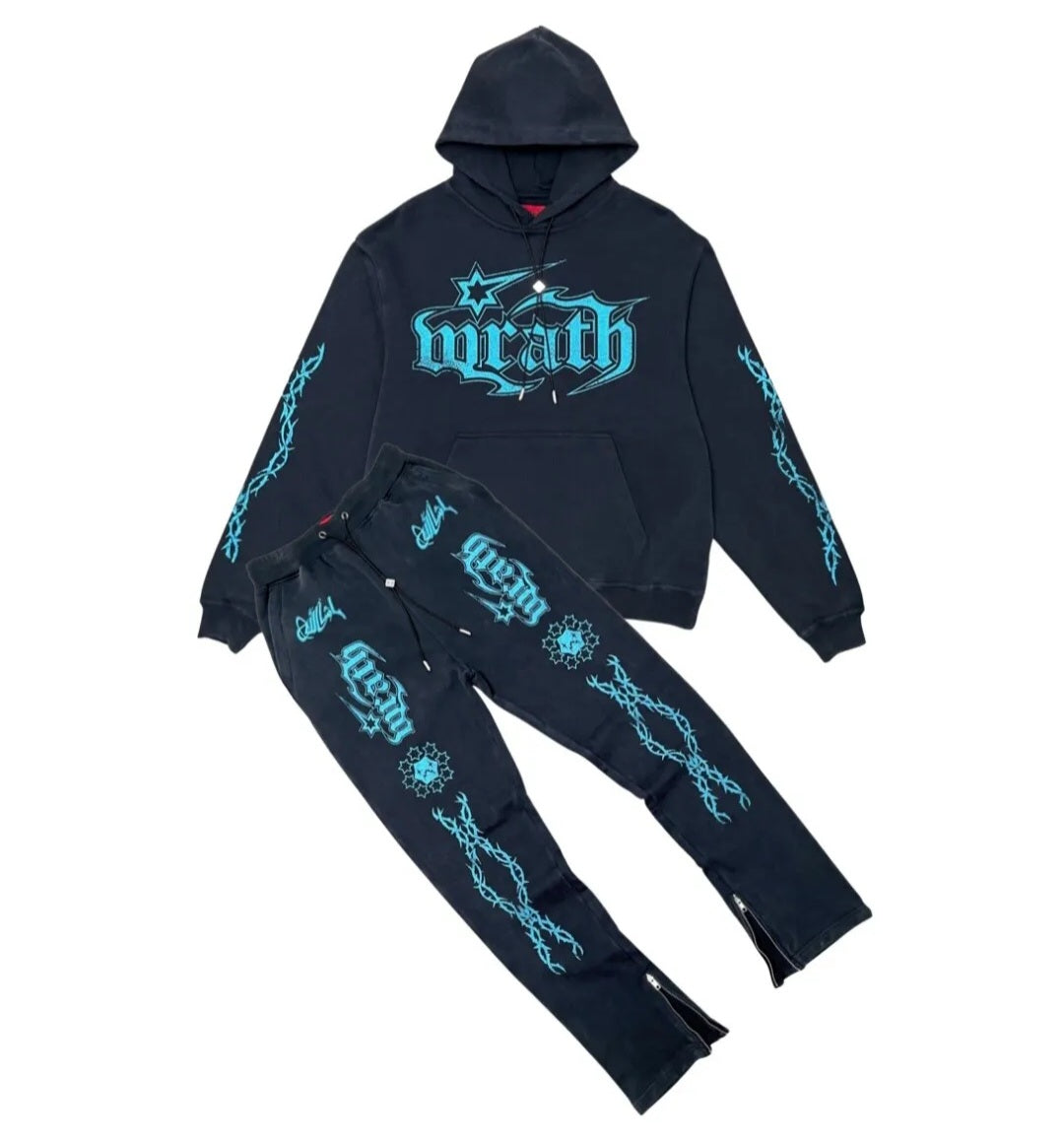 Wrathboy Gods Will Straight/Zipper Stacked Heavyweight Sweatpants Set (Black)