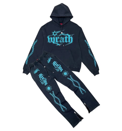 Wrathboy Gods Will Straight/Zipper Stacked Heavyweight Sweatpants Set (Black)