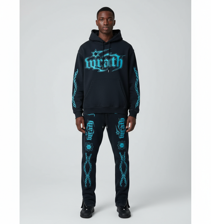 Wrathboy Gods Will Straight/Zipper Stacked Heavyweight Sweatpants Set (Black)