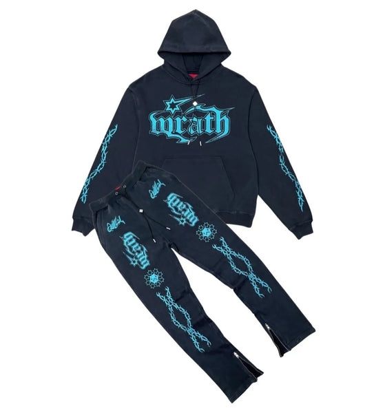 Wrathboy Gods Will Straight/Zipper Stacked Heavyweight Sweatpants Set (Black)