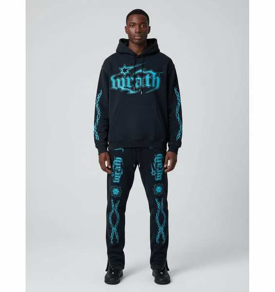 Wrathboy Gods Will Straight/Zipper Stacked Heavyweight Sweatpants Set (Black)