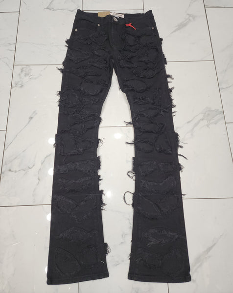 Armor Stone Patches Mid-Rise Stacked Black Jeans