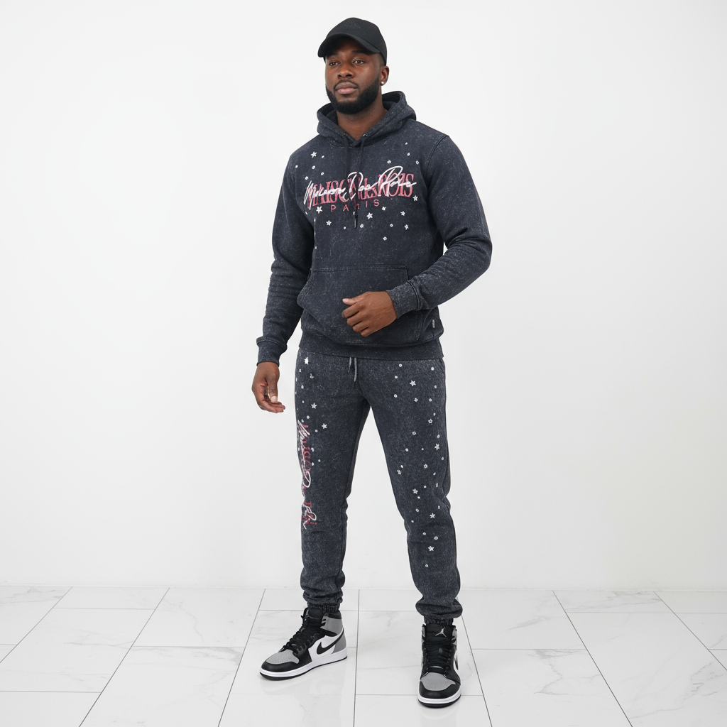 Maison des Rois x Hudson 570 GSM Heavyweight Sweatsuit — black hooded sweatshirt and pants on model