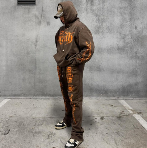 Wrathboy Gods Will Straight/Zipper Stacked Sweatpants Set (Brown)