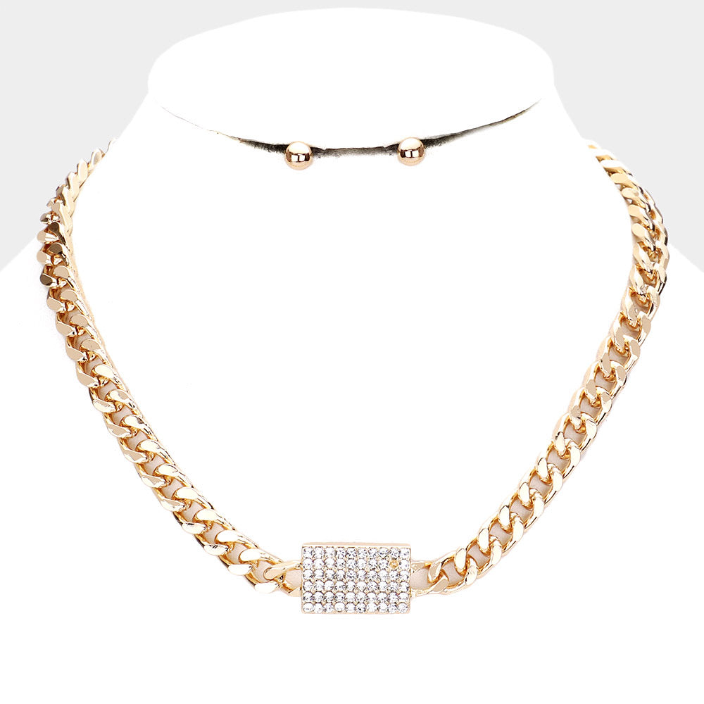Rhinestone Embellished Rectangle Pendant Accented Necklace w/Earring U