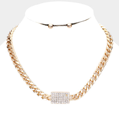 Rhinestone Embellished Rectangle Pendant Accented Necklace w/Earring U