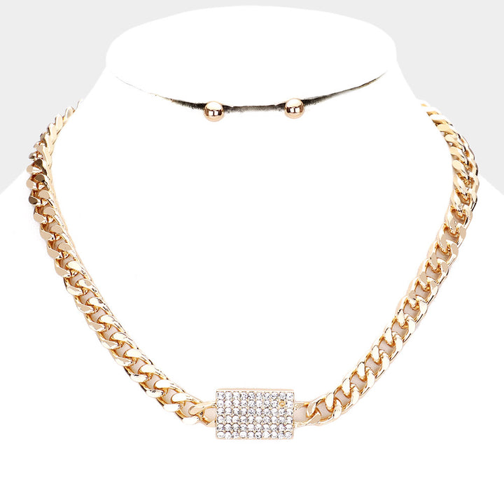 Rhinestone Embellished Rectangle Pendant Accented Necklace w/Earring U