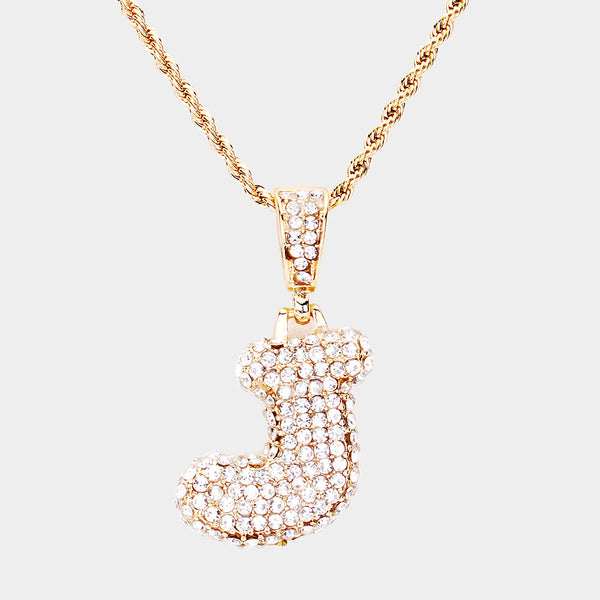 'J' Rhinestone Monogram Pendant Brass Chain Necklace