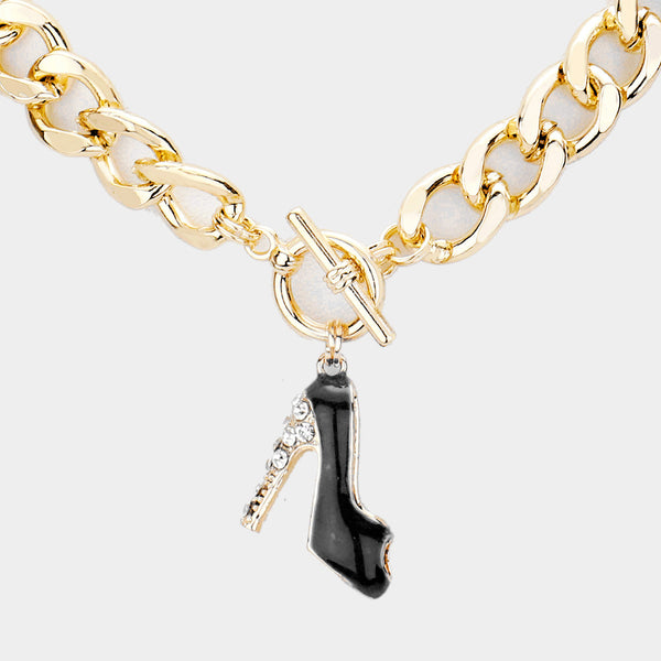 Stone Embellished Stiletto Heel Pendant Toggle Necklace U