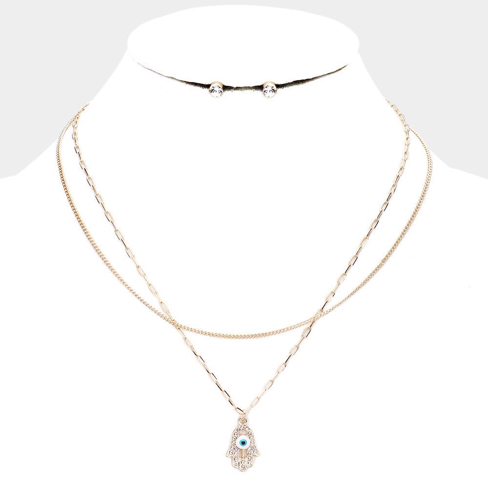 2PCS - Evil Eye Hamsa Hand Pendant Necklaces w/Earring U