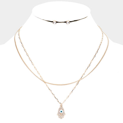2PCS - Evil Eye Hamsa Hand Pendant Necklaces w/Earring U