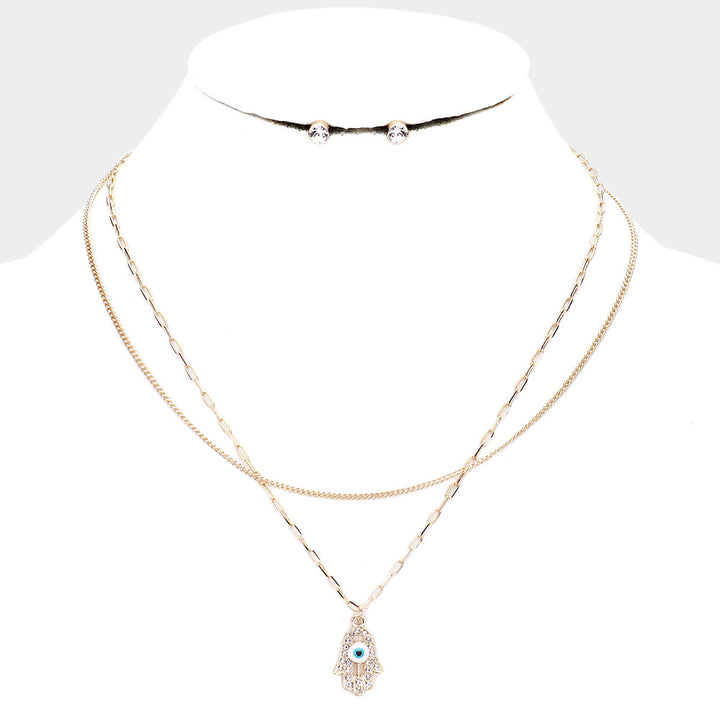 2PCS - Evil Eye Hamsa Hand Pendant Necklaces w/Earring U