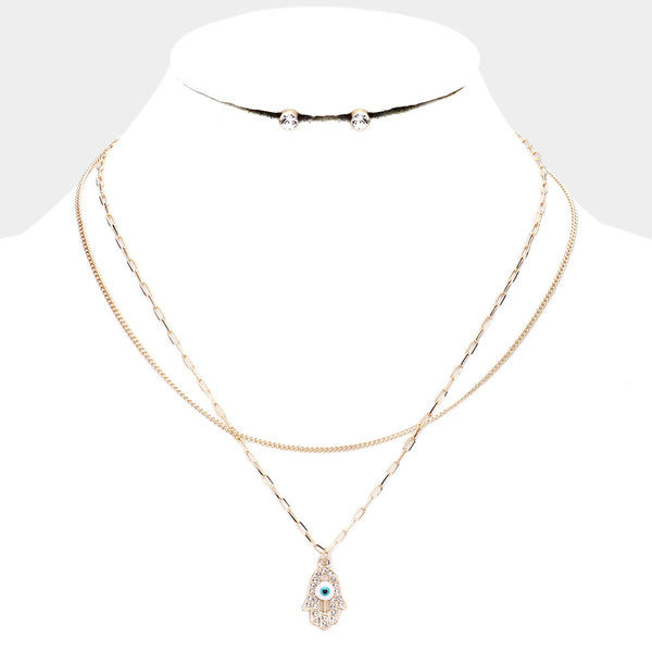 2PCS - Evil Eye Hamsa Hand Pendant Necklaces w/Earring U