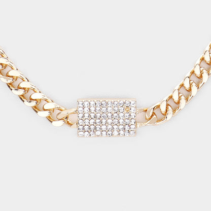 Rhinestone Embellished Rectangle Pendant Accented Necklace w/Earring U