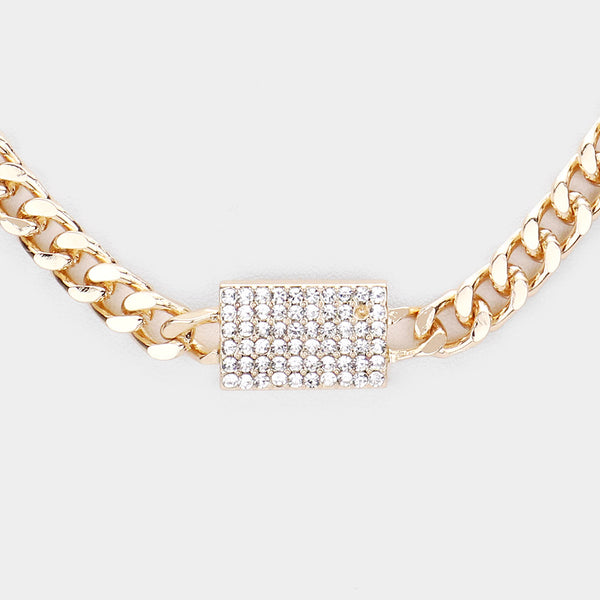 Rhinestone Embellished Rectangle Pendant Accented Necklace w/Earring